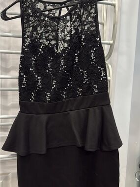 Black Lace Sequin Peplum Dress - Elegant Evening Style